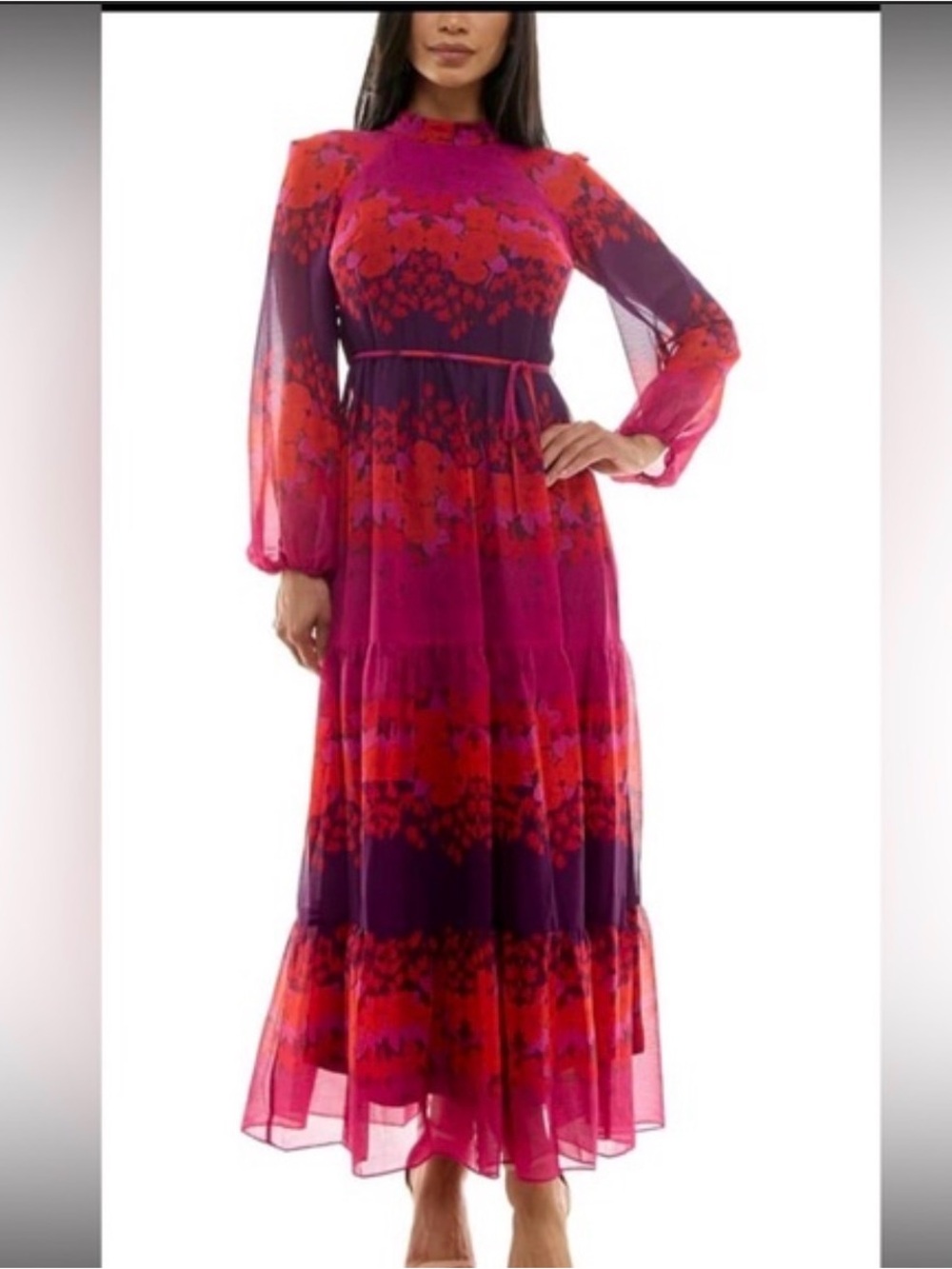 Boho Maison Tara Purple and Pink Floral Tie-Waist Maxi Dress